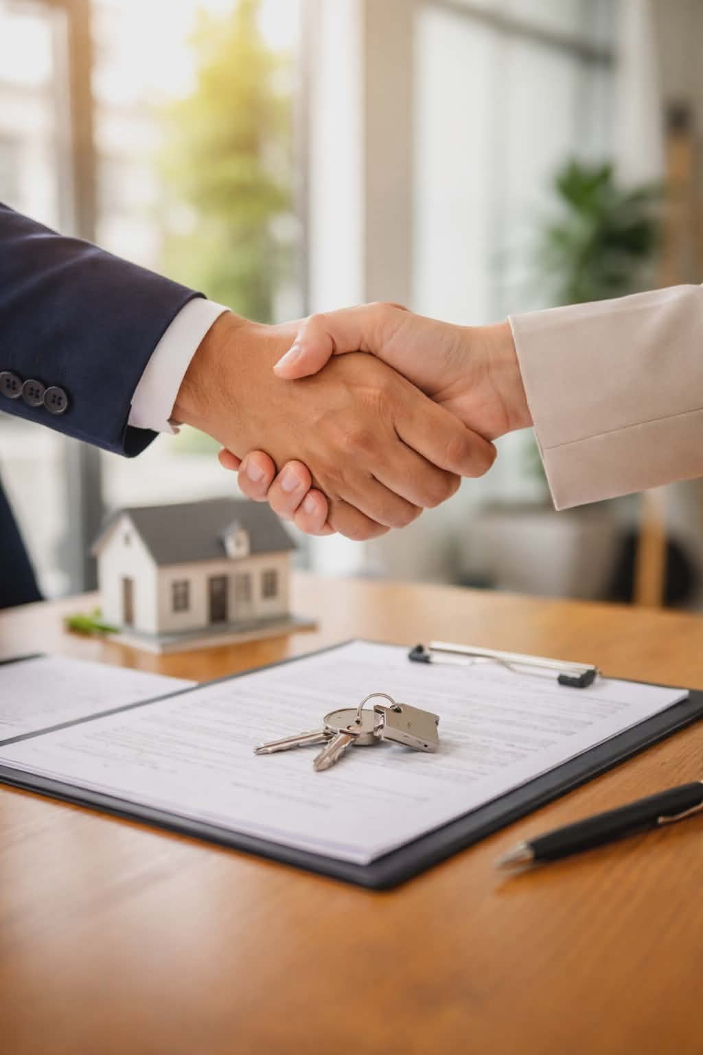 Personas cerrando trato de bienes raices en un a oficina